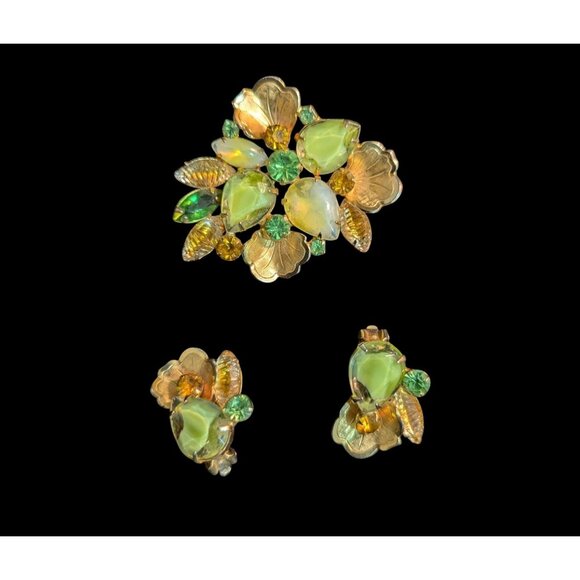 Vintage Green & Yellow Rhinestone Brooch Clip-On Earrings Set Floral Design Esta - Picture 1 of 7